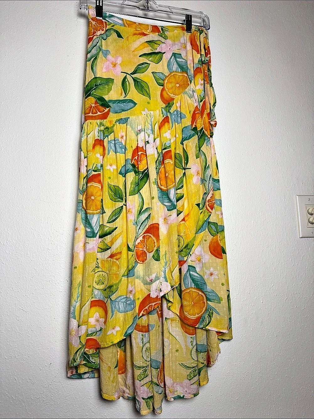 C&C California Tropical Citrus Fruit Print High-Low Wrap Skirt Yellow & Green XS